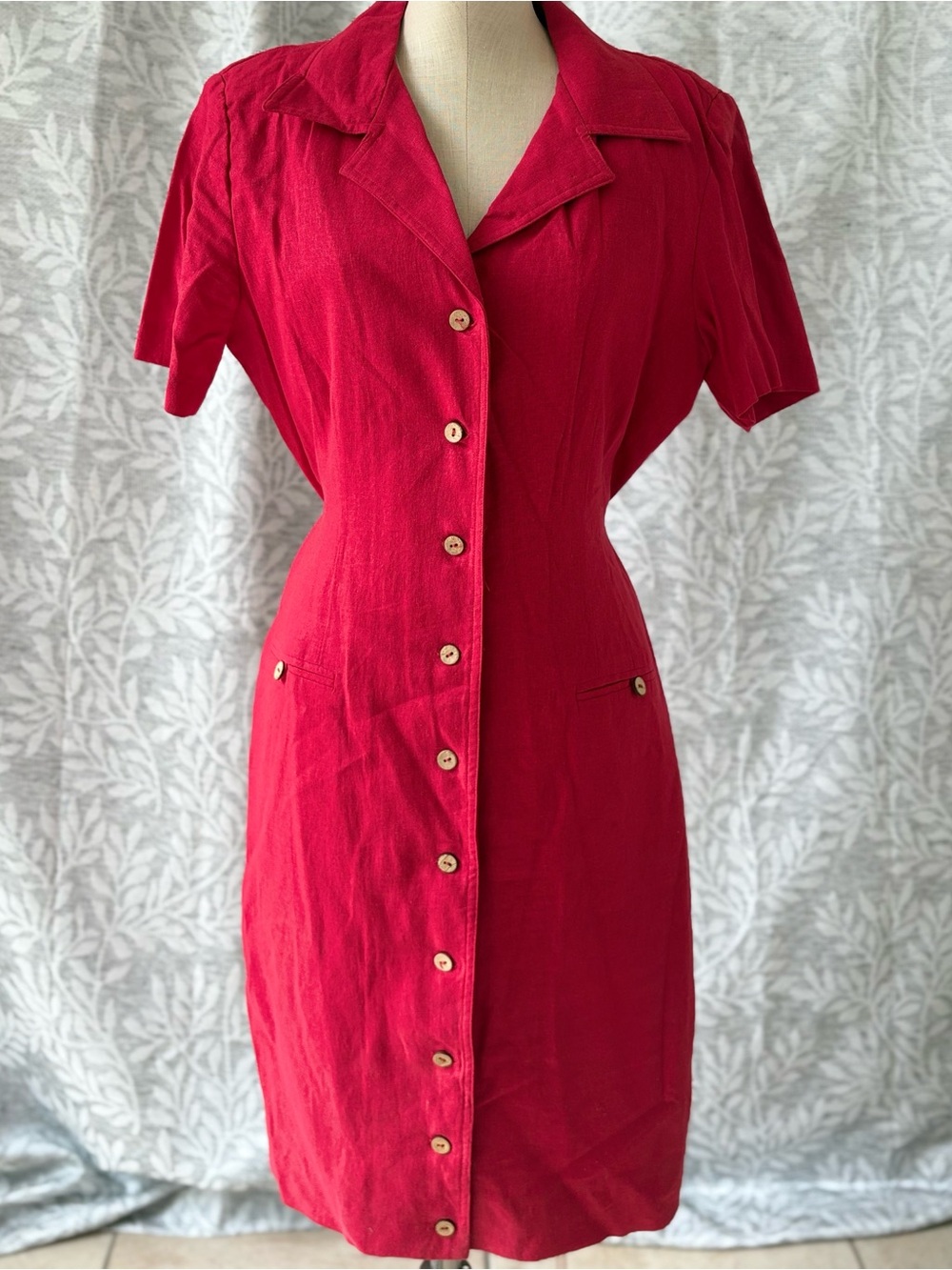 Vintage 90s Karin Stevens Linen Rayon Blend Shirt Dress Red Midi Size 14 Belted